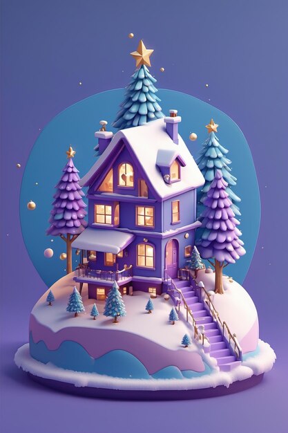 Casa isométrica 3D con un árbol de Navidad en la parte superior