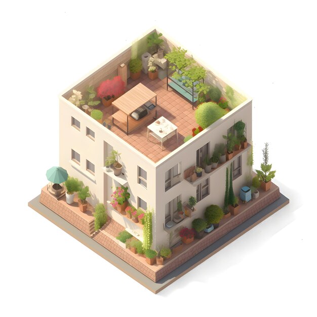 Casa isométrica com jardim e quintal ilustração de renderização 3D