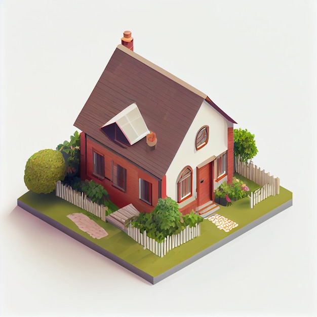 Casa isométrica. Ilustração em perspectiva de uma casa isolada com jardim em um plano isométrico.