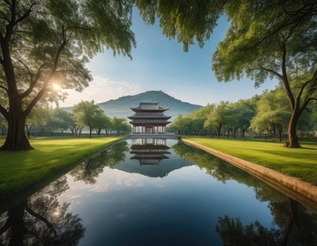 Casa japonesa al final de una larga piscina en un hermoso parque verde