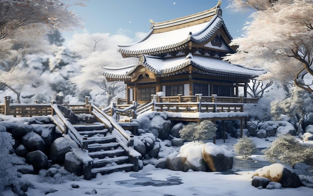 Casa japonesa con entorno nevado de una época pasada IA generada