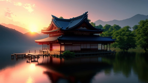 Una casa japonesa en el lago y la montaña con el sol.