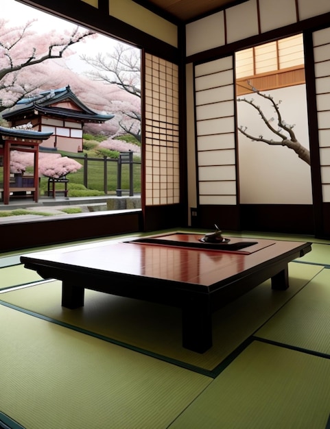 Una casa japonesa con una mesa de estilo japonés y una mesa de tipo japonés.