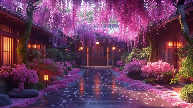 Foto casa japonesa moderna con flores de sakura mágicas 78