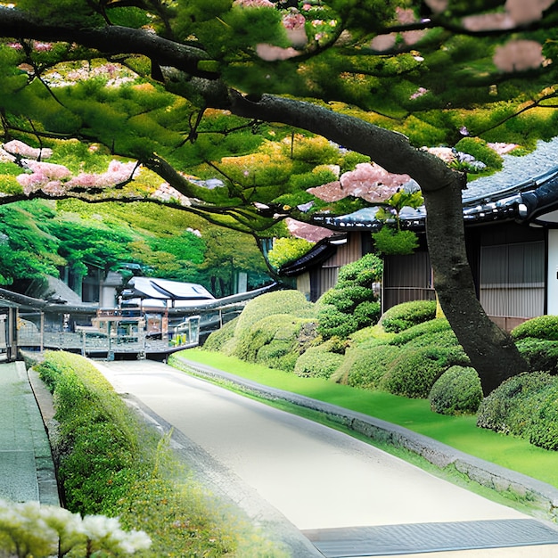 Una casa con un jardín al fondo y un árbol con flores rosas.