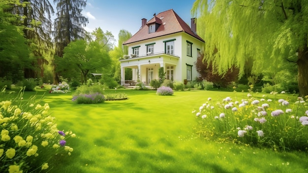 Una casa en un jardín con un árbol al fondo.