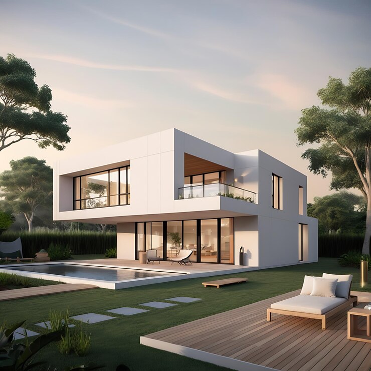 una casa con un jardín y una cubierta con vistas al patio trasero