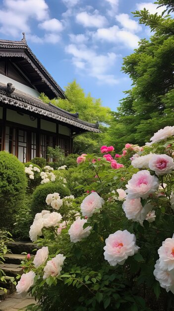 Foto una casa con un jardín delante de ella