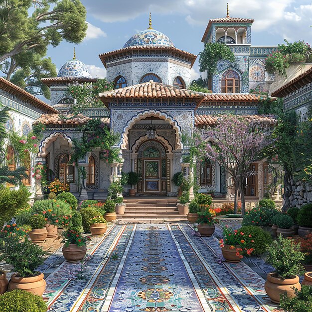 una casa con un jardín con flores y un gran edificio con una puerta grande