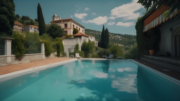 Una casa en un jardín con una piscina en frente