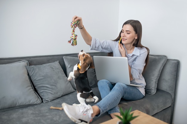 En casa. Joven morena trabajando en un portátil y jugando con un cachorro