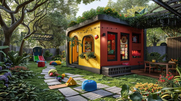 Casa de juegos colorida con un sendero de jardín rodeado de exuberante vegetación y flores vibrantes