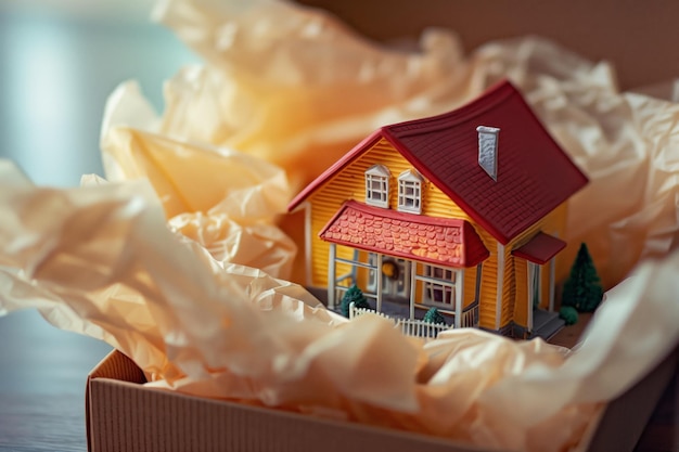 Casa de juguete en miniatura en un tejido blando en una caja de regalos