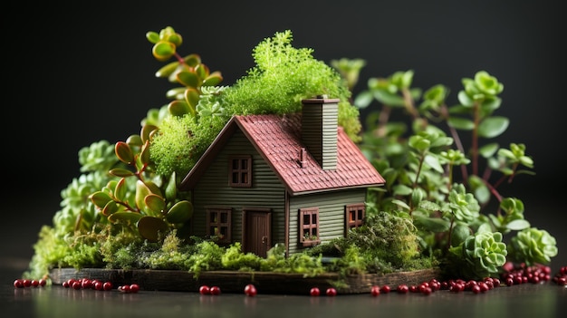 Casa de juguetes de madera verde en miniatura con techo rojo rodeada de plantas vibrantes sobre un fondo oscuro