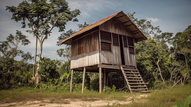 Una casa en la jungla con techo rojo y un logo rojo en la parte inferior.