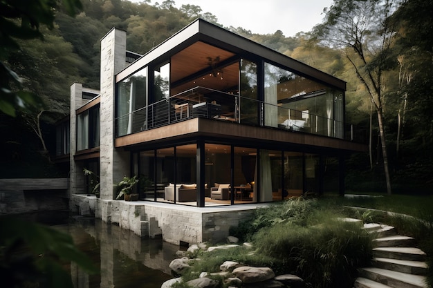 Una casa junto al agua con un gran ventanal que dice "la palabra". "