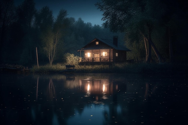 Una casa junto al agua por la noche.