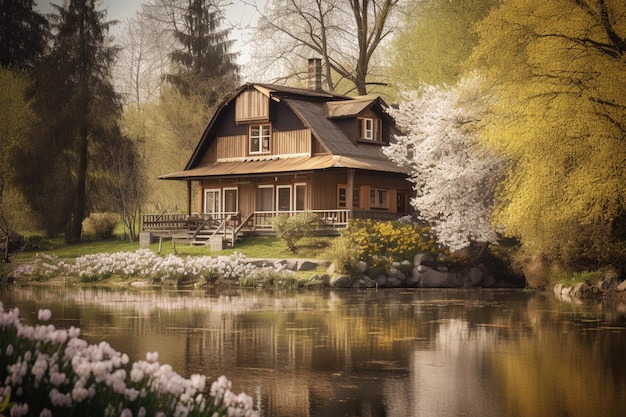 Una casa junto al lago con un árbol en primer plano