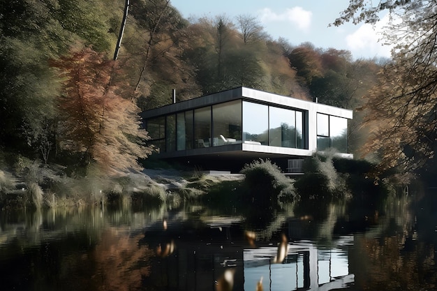 Una casa junto al lago con un lago al fondo.