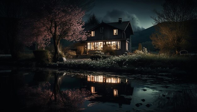 Una casa junto al lago por la noche con las luces encendidas.