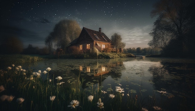 Una casa junto al lago de noche.