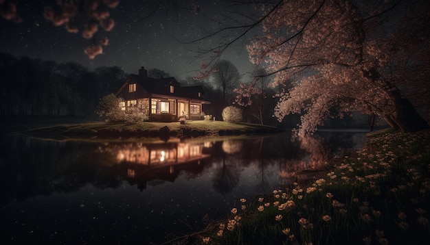 Una casa junto al lago de noche.