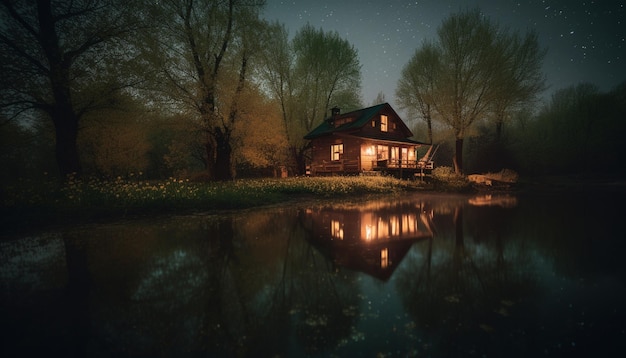 Una casa junto al lago de noche.