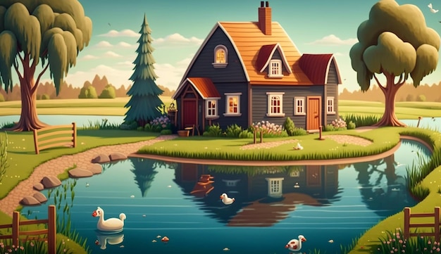 Una casa junto al lago con patos y una casa al fondo.