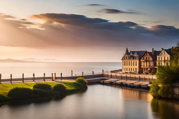 una casa junto al mar con una puesta de sol en el fondo