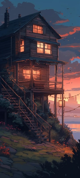 Una casa junto al mar con la puesta de sol de fondo