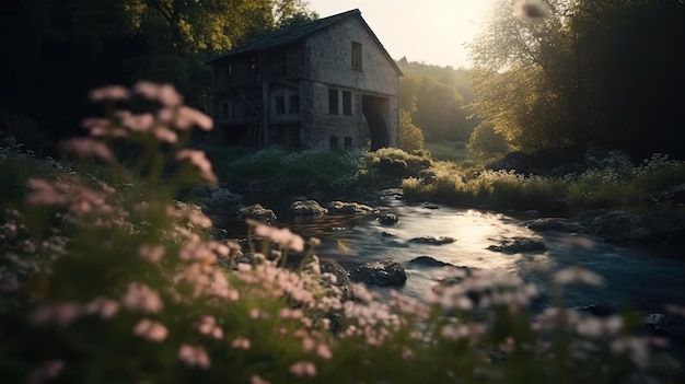 Una casa junto al río con flores en primer plano.