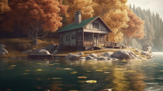 Una casa junto al río con hojas de otoño en el techo.