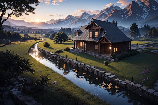 Una casa junto a un arroyo con montañas al fondo.