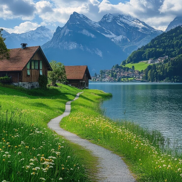 Una casa junto a un lago con una montaña al fondo.