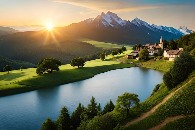 Una casa junto a un lago con montañas al fondo.