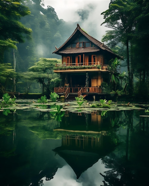 Casa en el lado del lago del bosque exuberante