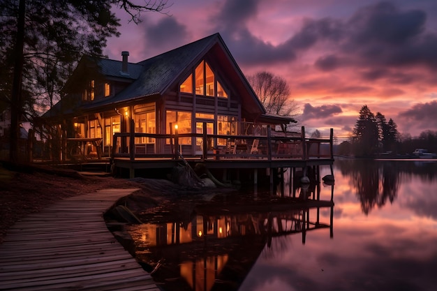 Una casa en el lago al atardecer.