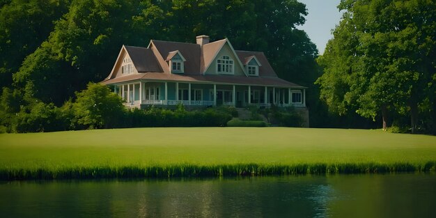 Foto una casa con un lago y un árbol en el fondo