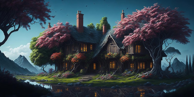 Una casa en un lago con un árbol en primer plano