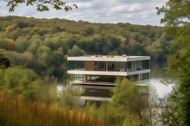 Una casa en un lago con un bosque al fondo