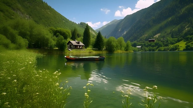 Foto una casa en un lago con un bote en primer plano