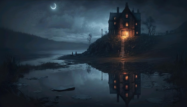 Una casa en un lago con la luna detrás.