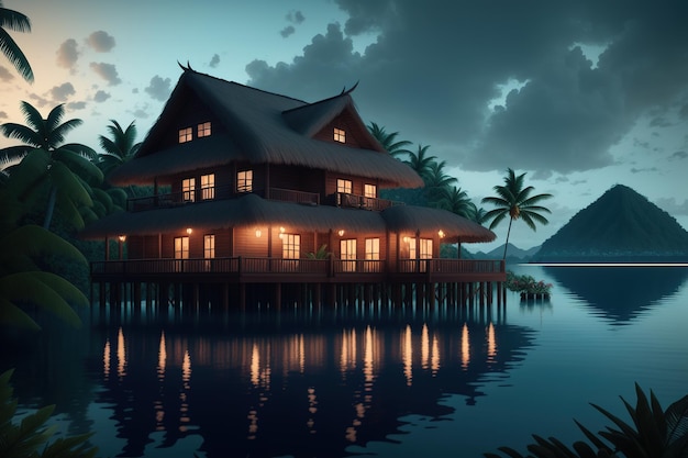 Casa en un lago por la noche