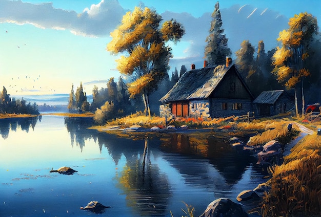 Casa en el lago pintura al óleo artista pintura