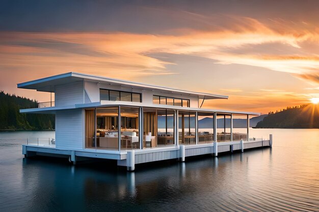 Una casa en un lago con una puesta de sol en el fondo