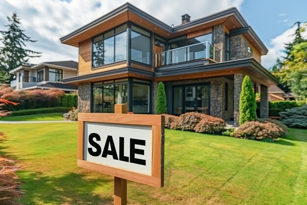 Foto casa con un letrero de venta frente a la casa concepto de bienes raíces