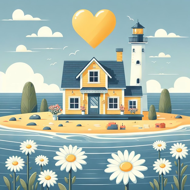 casa linda con un corazón amarillo en la orilla de la mar de flores