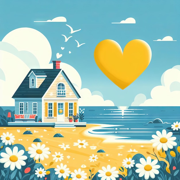 casa linda con un corazón amarillo en la orilla de la mar de flores