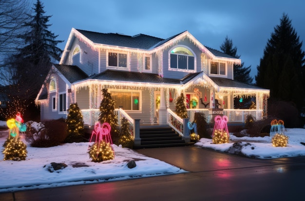 Casa lindamente decorada à noite com luzes de Natal