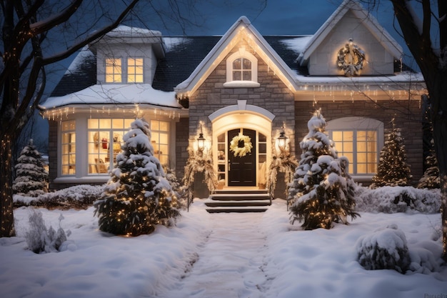 Casa lindamente decorada à noite com luzes de Natal